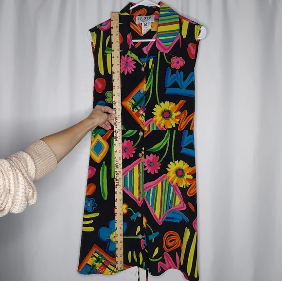 90's Vtg LABelle Button Collar Dress Multicolor Print Tie Sleeveless Midi 13 USA - Picture 4 of 12